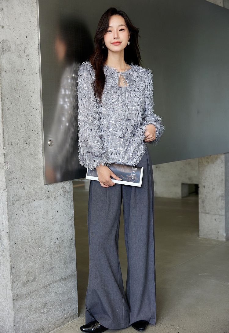 Sequin Fringe Crewneck Blouse �Elegant Straight Fit