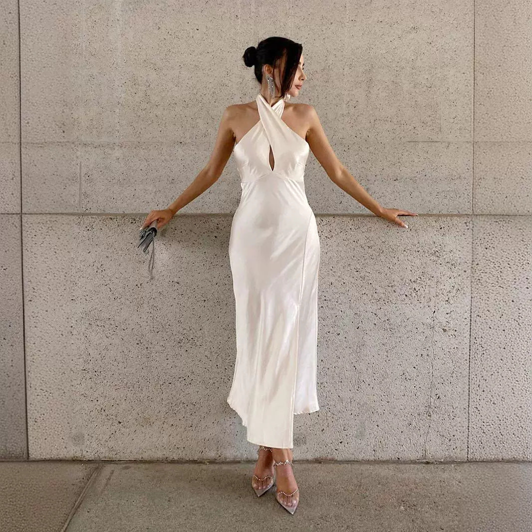 Halter Neck Satin Keyhole Cutout Backless High Slit Maxi Dress 6