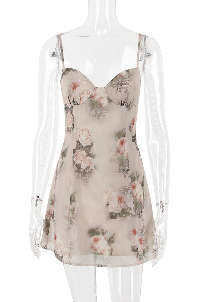 Flower Spaghetti Strap Sweetheart Rose Floral Print Bodycon Mini Dress 5