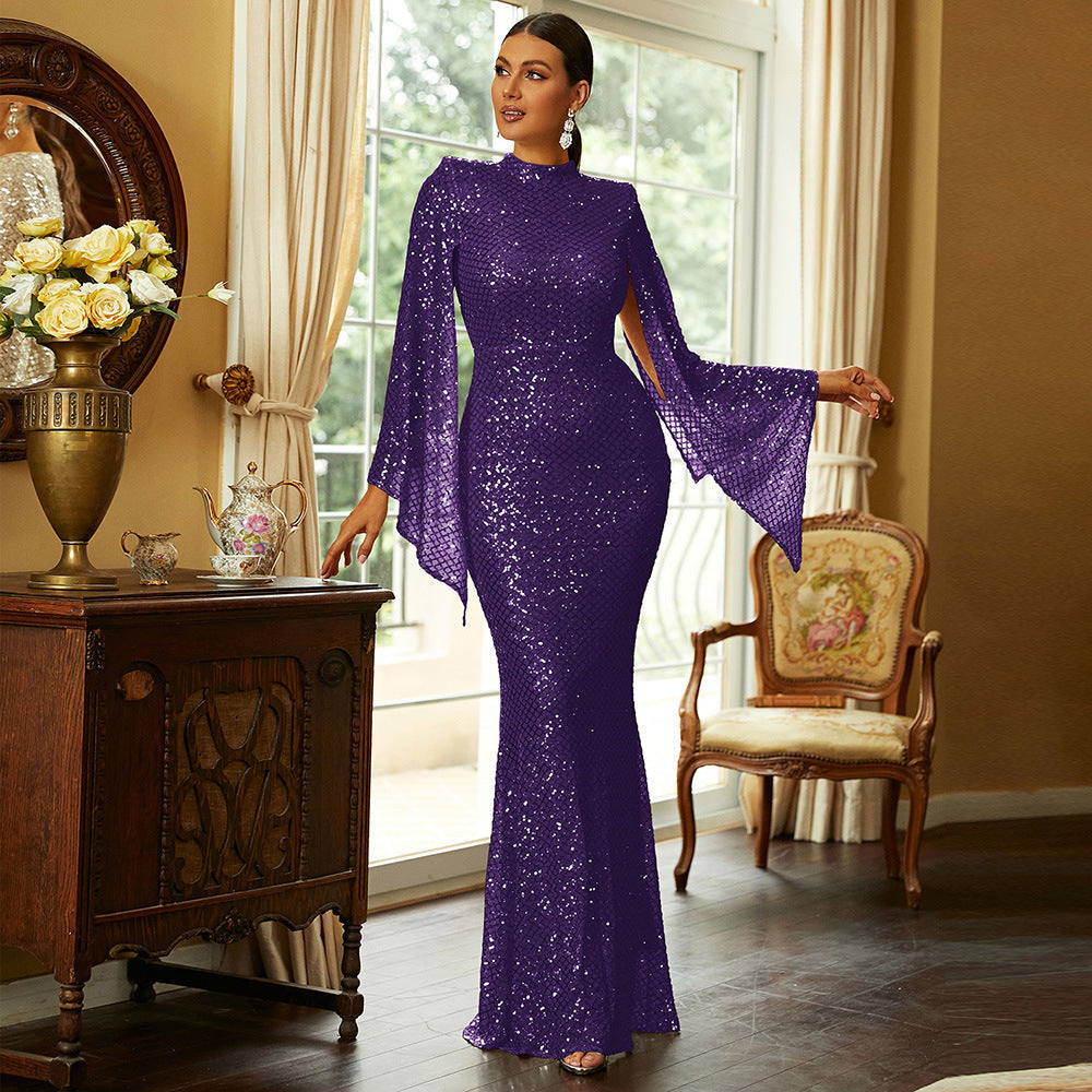 Mock Neck Cape Sleeve Sequin Mermaid Gown