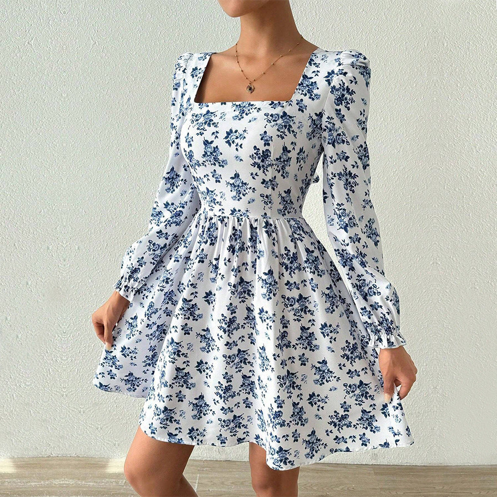 French Square Collar Elegant Dress High Waist Backless Lace up Floral