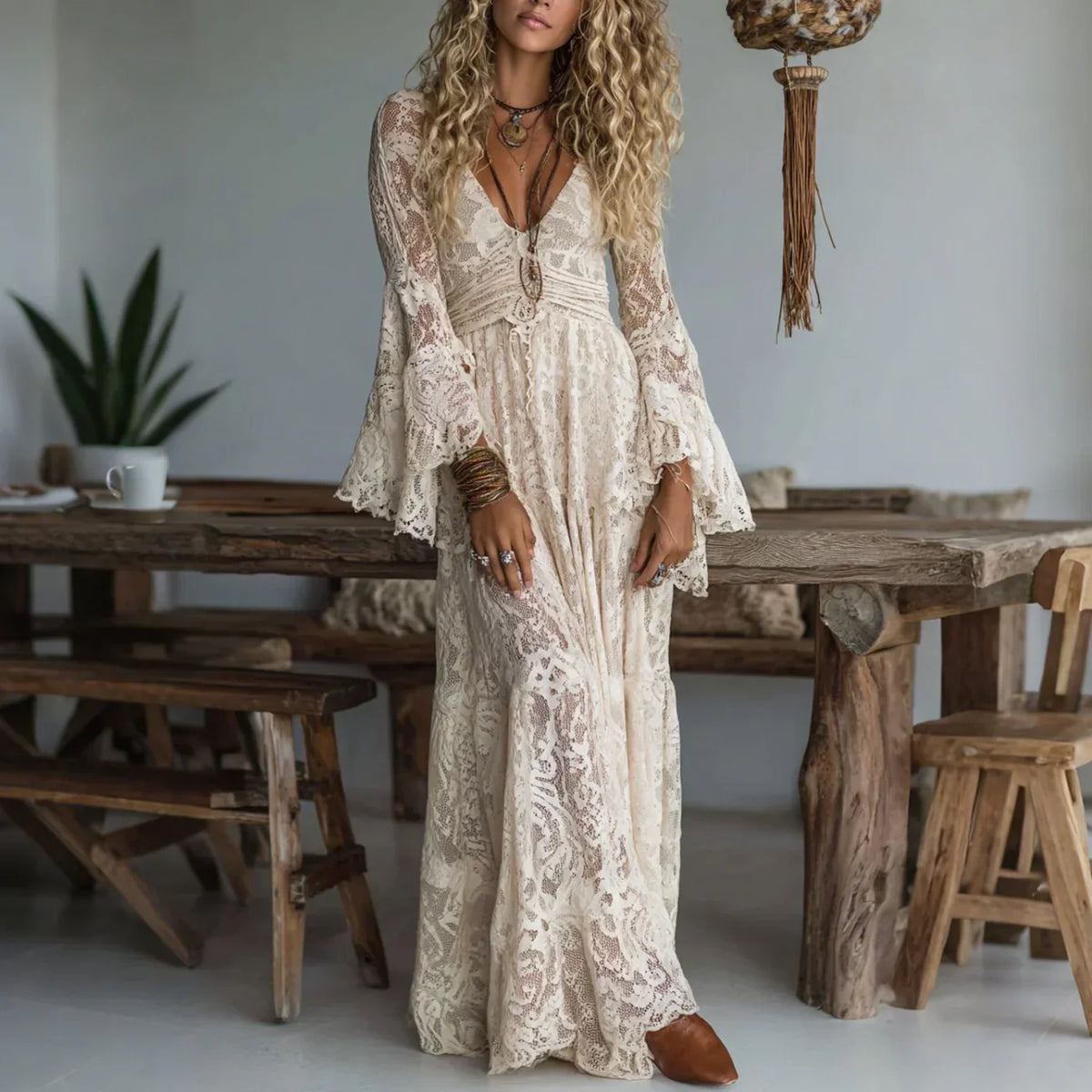 Deep V-Neck Bell Sleeve Sheer Lace Boho Maxi Dress