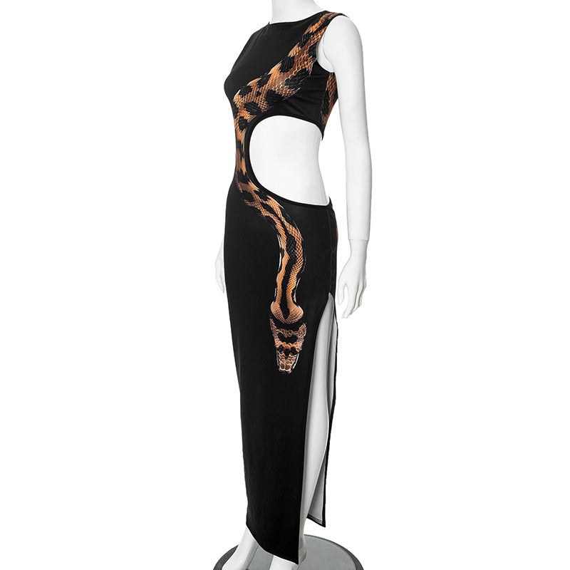 High Slit Hollow Out Snake Print Maxi Dress