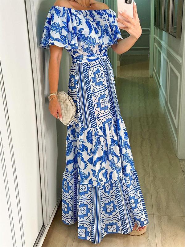 With Design Shoulder Full-Length Gown Geometric Off Ruffle M / Blue Red Off The Shoulder Maxi Dress