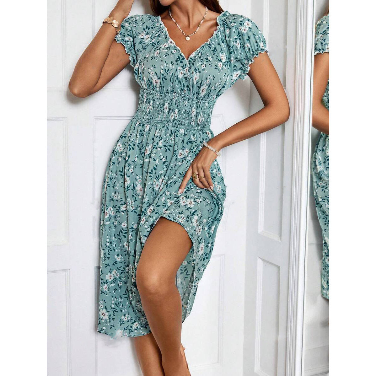 Julia Statement Women's Floral Midi Dress with Elastic Waist and Ruffle Details Evening Wear Edit