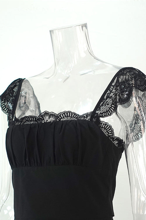 Black Square Neck Lace Cap Sleeve Ruched Fit And Flare Mini Dress