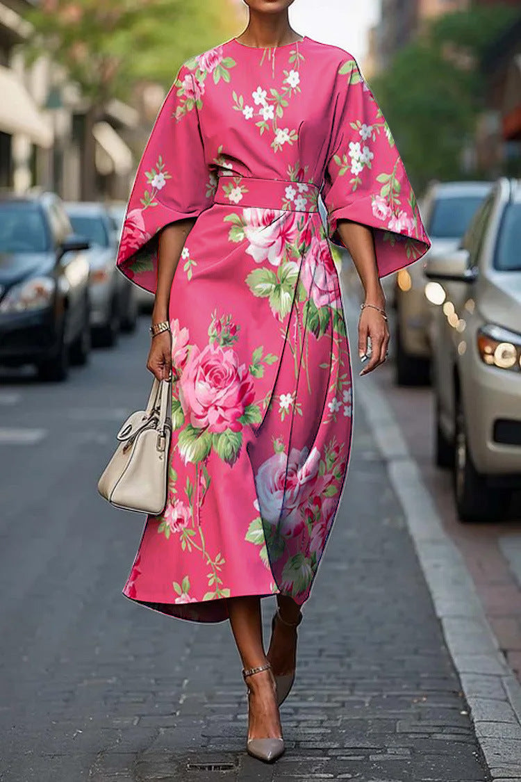 Round Neck Flare Sleeve Abstract Stripe Print A-Line Midi Dress