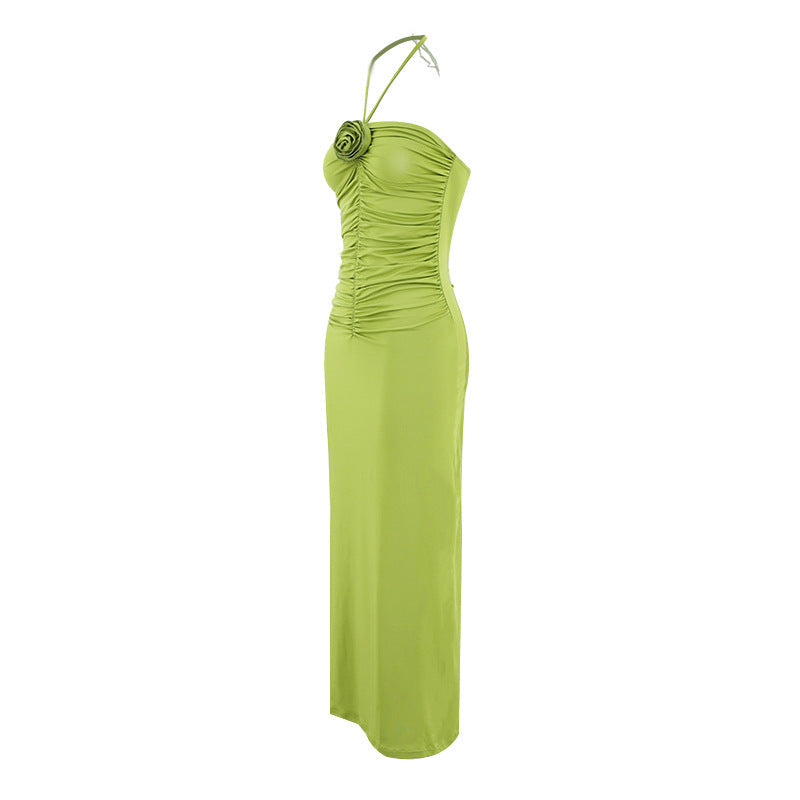 Halter Neck Rosette Applique Ruched Bodycon Maxi Dress 7