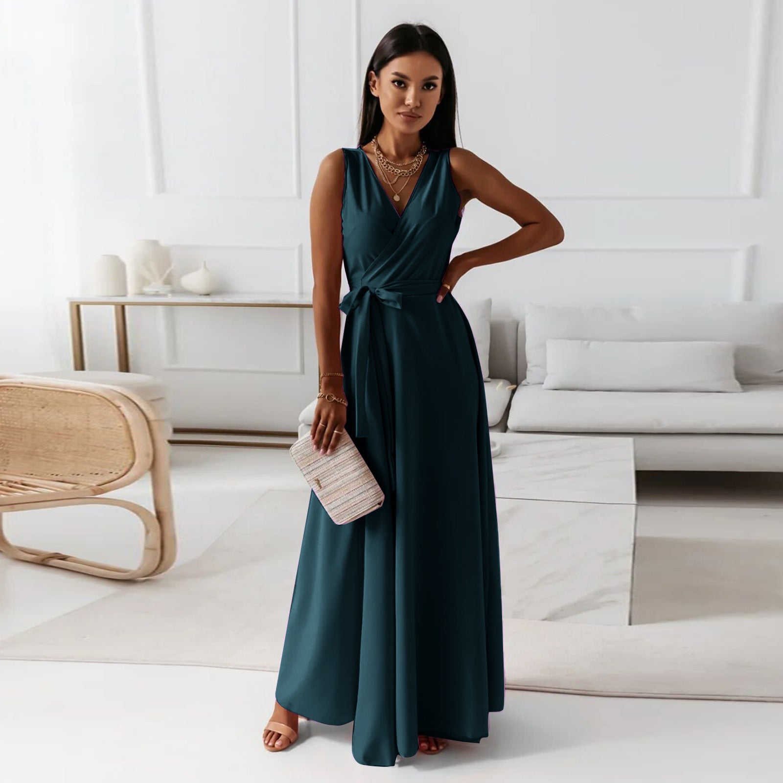 Edvige Timeless Women's Solid Color V Neck Long Dress Elevated Occasion Wear
