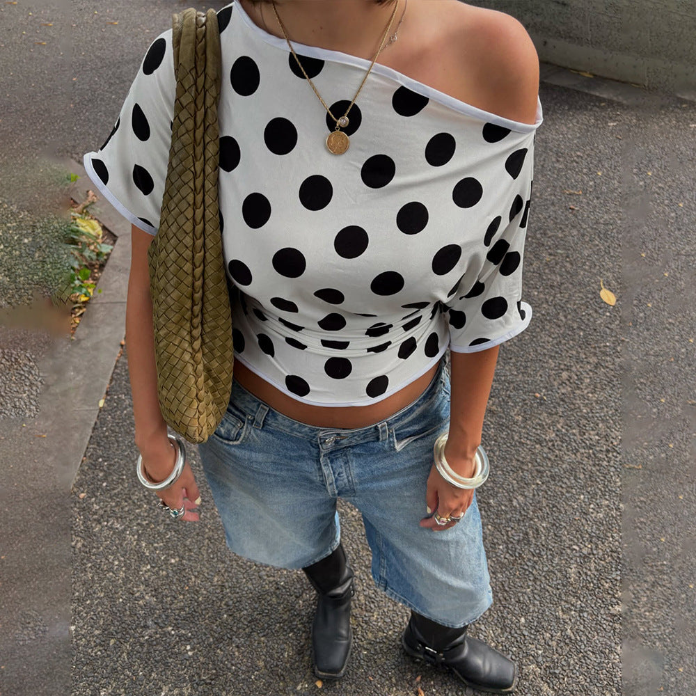 Stroll Retro Polka Dot Off Shoulder Top