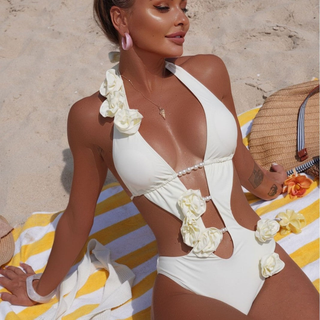 Women Solid Color Hollow Out Cutout Sexy 3D Three Dimensional Floral One Piece Swimsuit