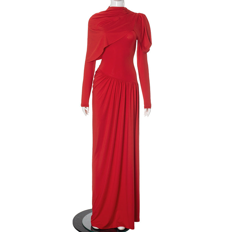 Solid Color High Grade Pleated Slim Waist Dress