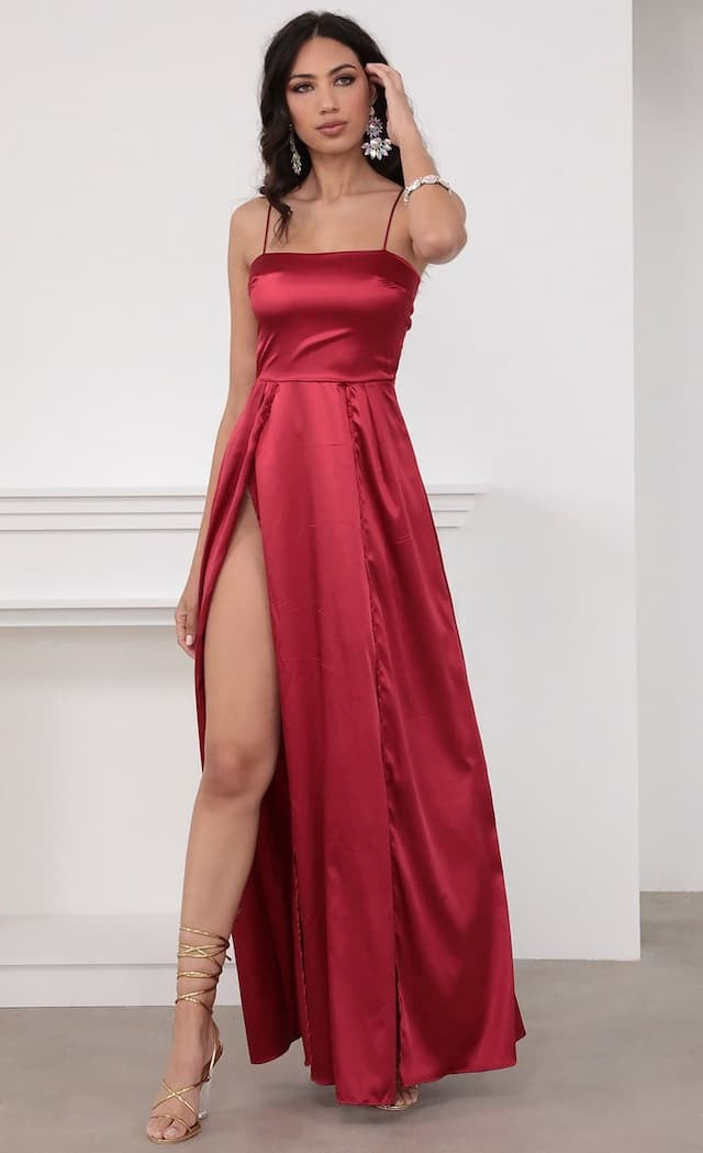 Red Spaghetti Strap Straight Neck Satin High Slit A-Line Maxi Dress