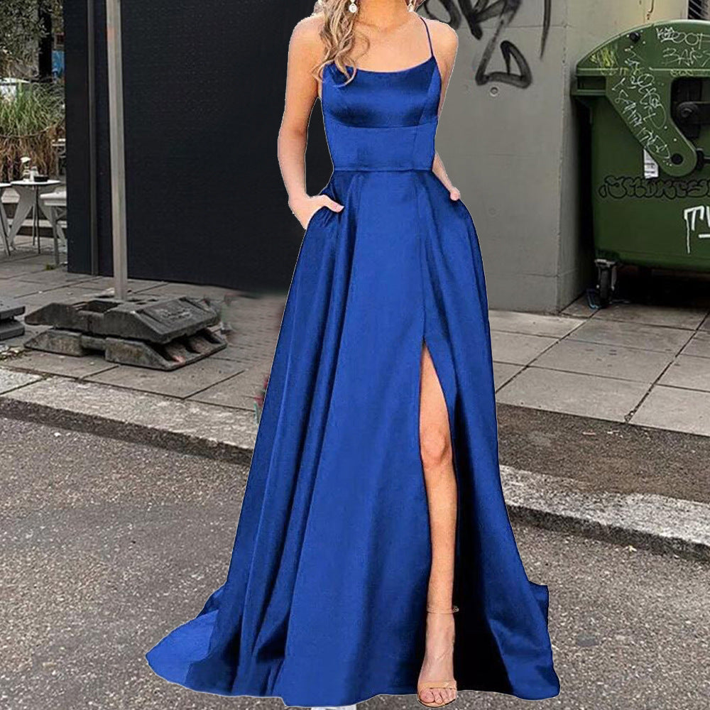 Spaghetti Strap Scoop Neck Satin High Slit A-Line Maxi Gown