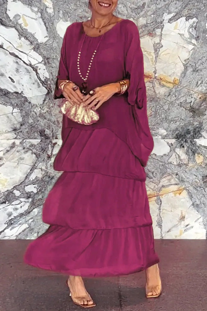 Scarlet Round Neck Dolman Sleeve Tiered Ruffle Layered Maxi Dress