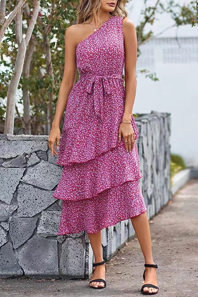 Green One Shoulder Ruffle Trim Dress With Print S / One Shoulder Print Maxi Dress