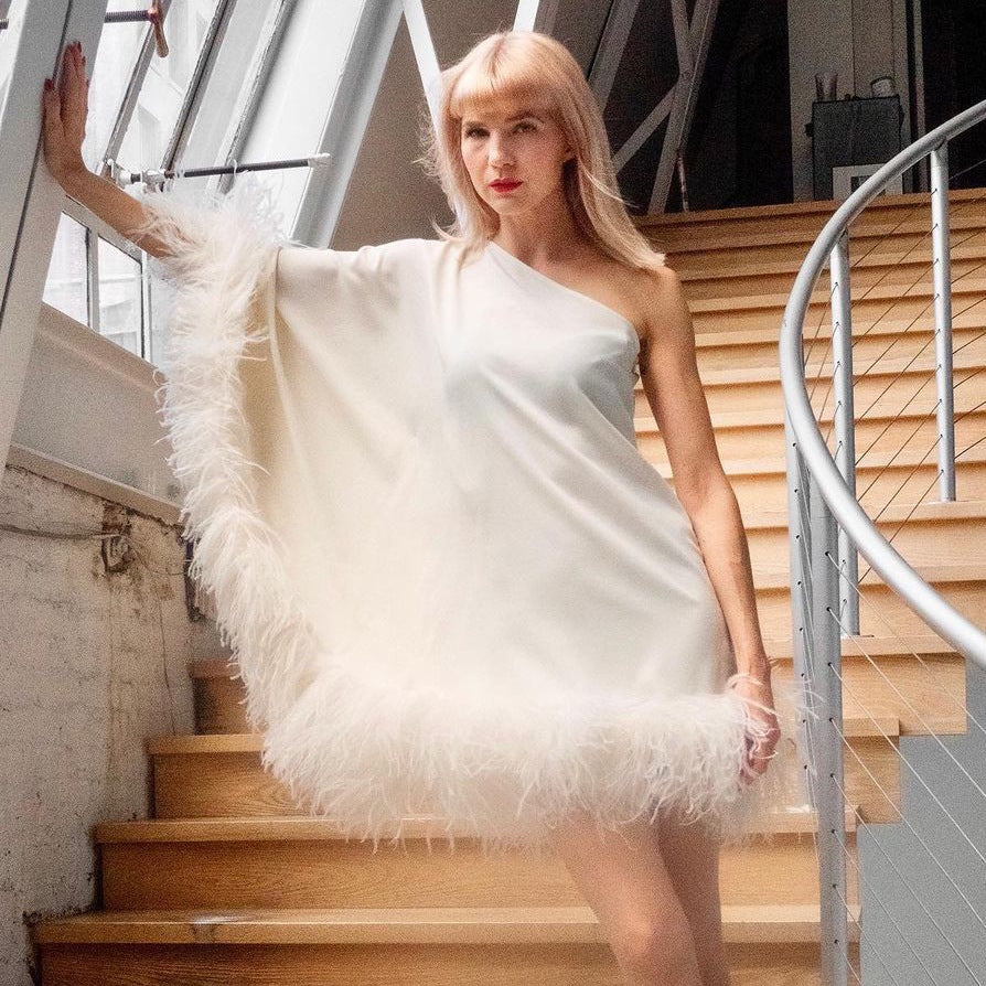 One-Shoulder Flared Sleeve Feather Trim Shift Mini Dress