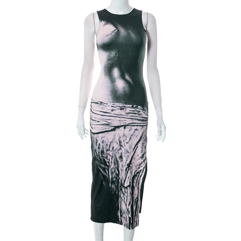 Contrast print sleeveless crewneck slit midi dress