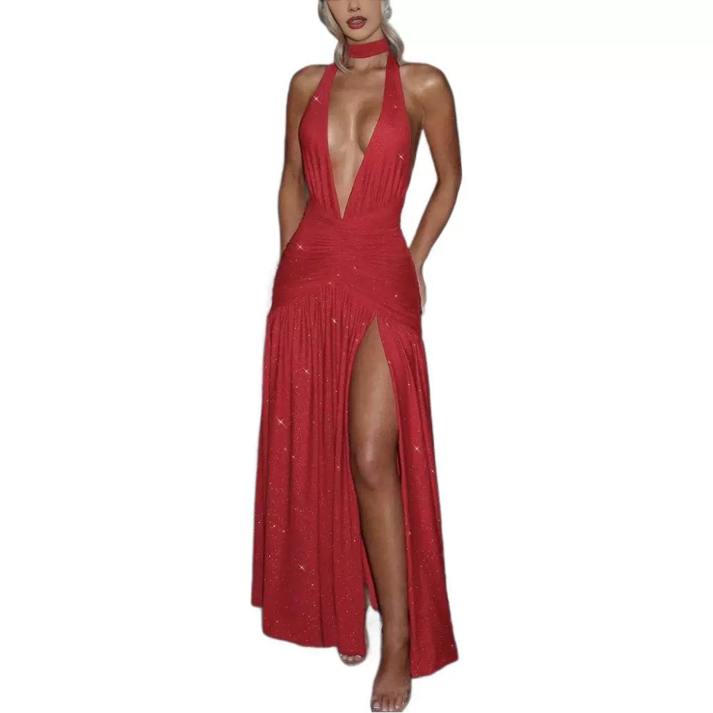 Halter Choker Neck Deep Plunge Glitter Ruched High Slit Maxi Dress