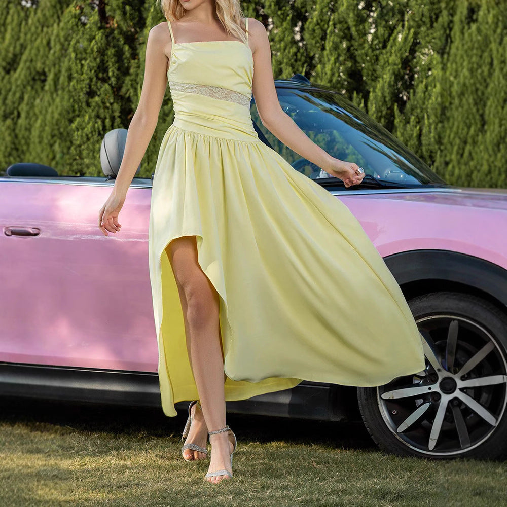Yellow Spaghetti Strap Lace Waist Ruched High-Low A-Line Midi Dress 3