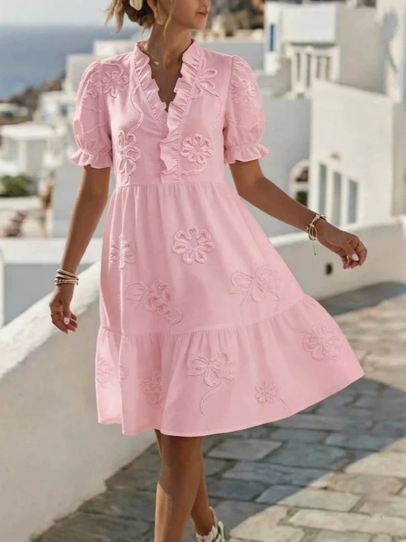 Ruffle V-Neck Floral Applique Puff Sleeve A-Line Mini Dress 5