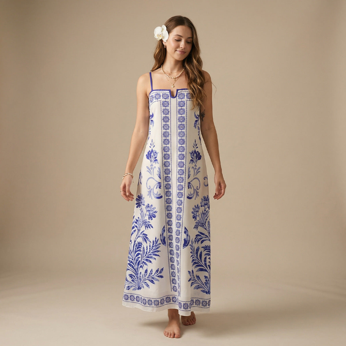 Swimwear One Piece Beach Dress Long Solid Color Tie Dye Printing Bandeau Sling Swimsuit