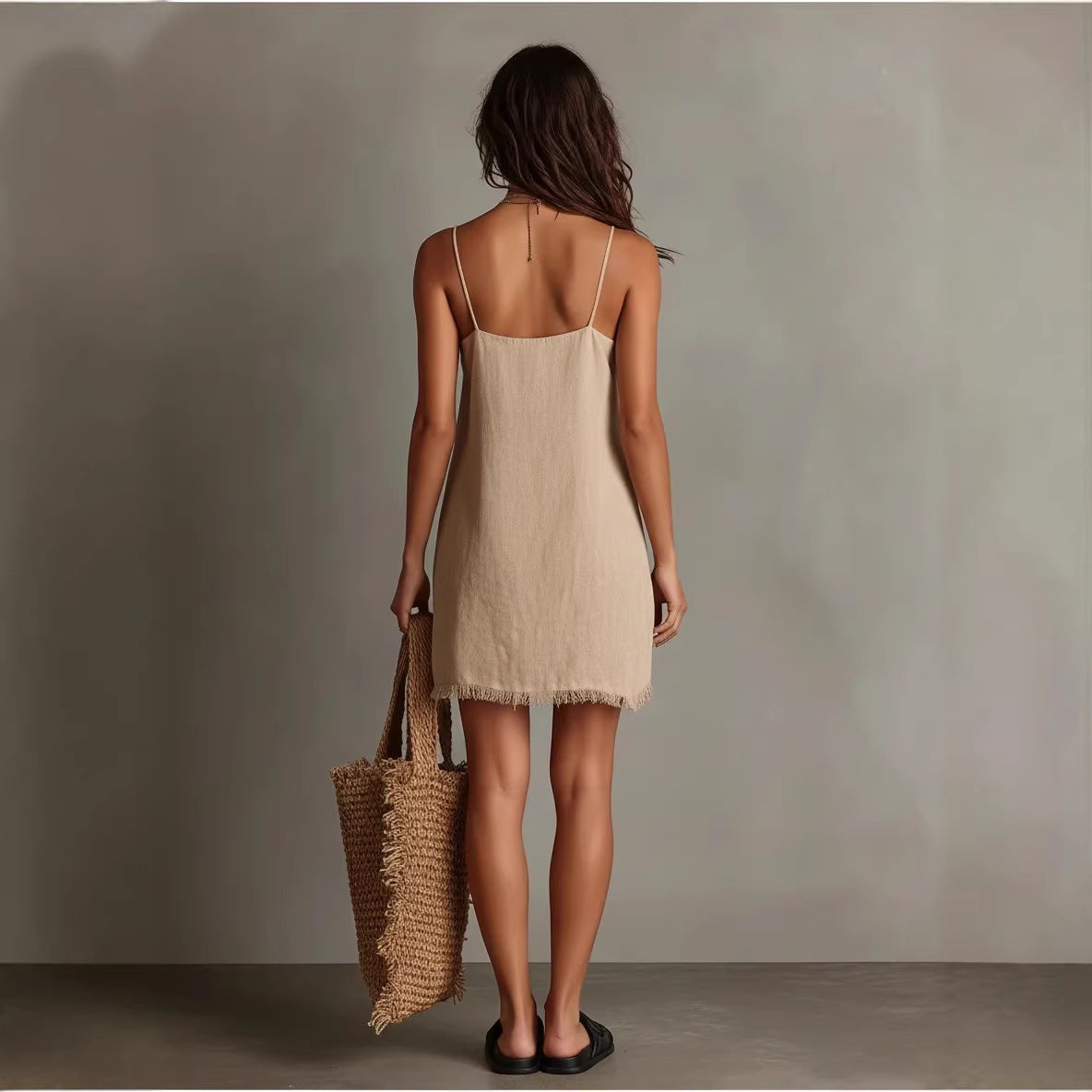 V neck Strap Fringe Decorative Mini Dress for Vacation Home