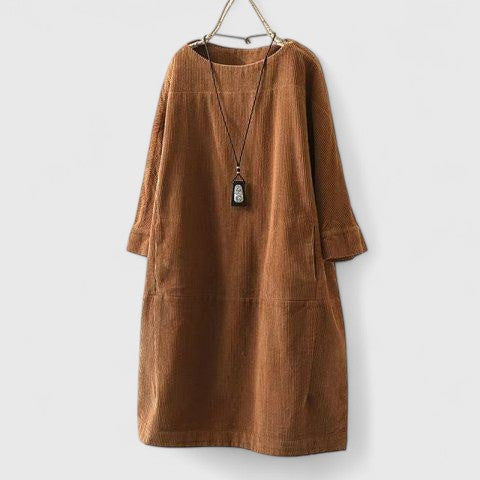Round Neck Corduroy Long Sleeve Pocket Shift Midi Dress
