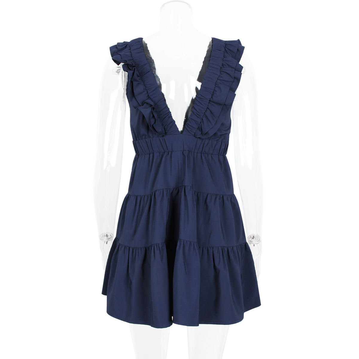 Deep V-Neck Ruffle Trim Tiered A-Line Mini Dress