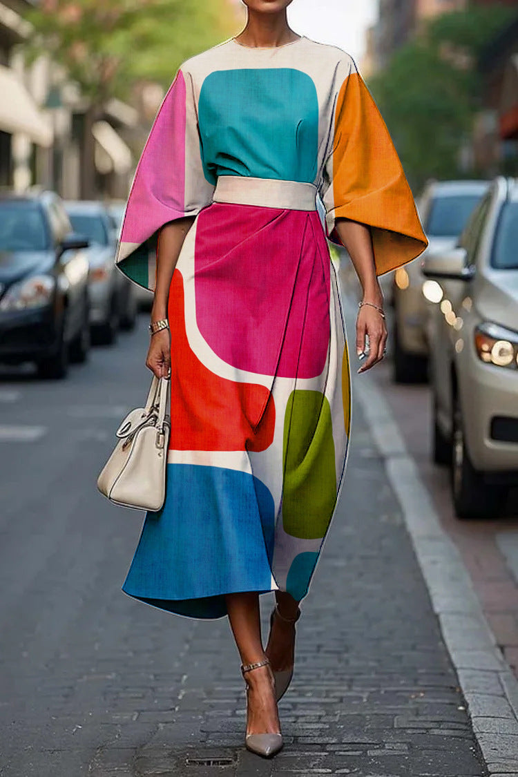 Round Neck Flare Sleeve Abstract Stripe Print A-Line Midi Dress