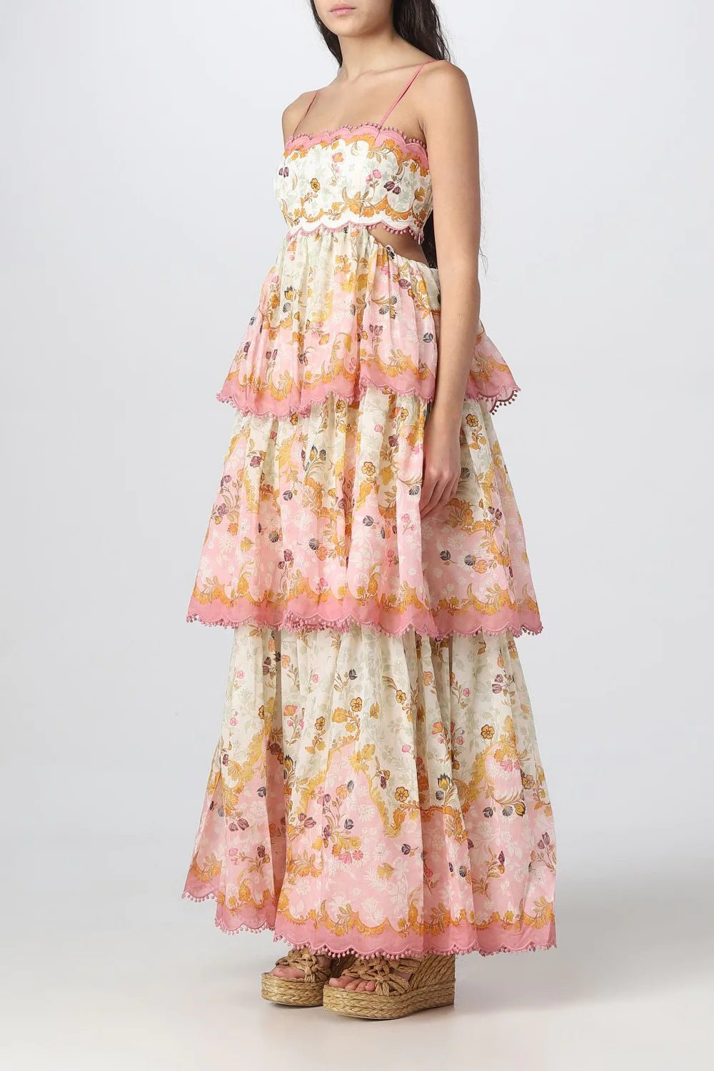 Spaghetti Strap Floral Scalloped Cutout Tiered Midi Dress 3