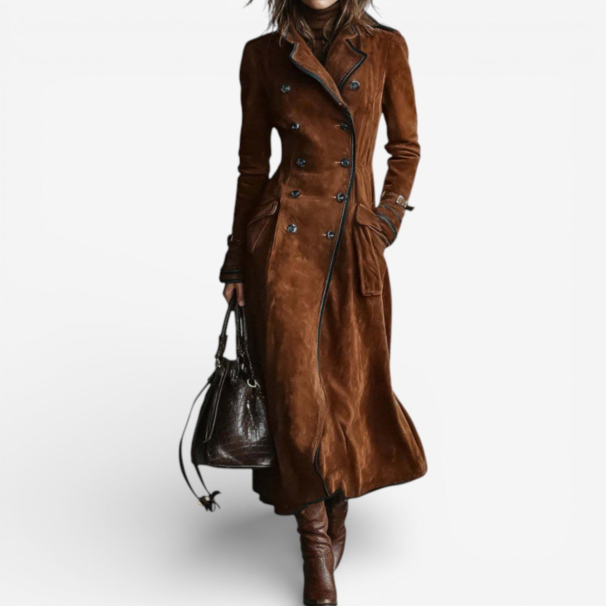 Notch Lapel Double-Breasted Suede Long Trench Coat