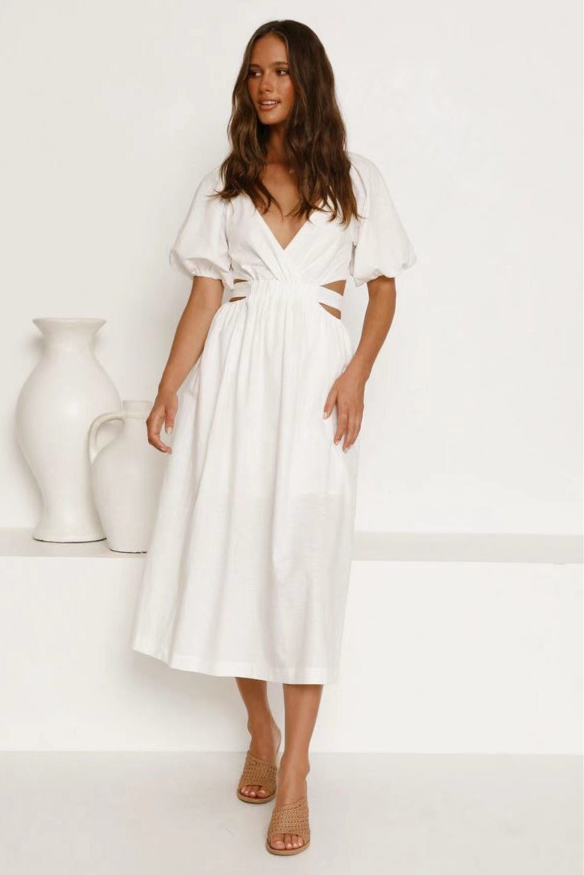 Cute Belted Puff Sleeve Cutout Beach Vacation Midi Dress - White