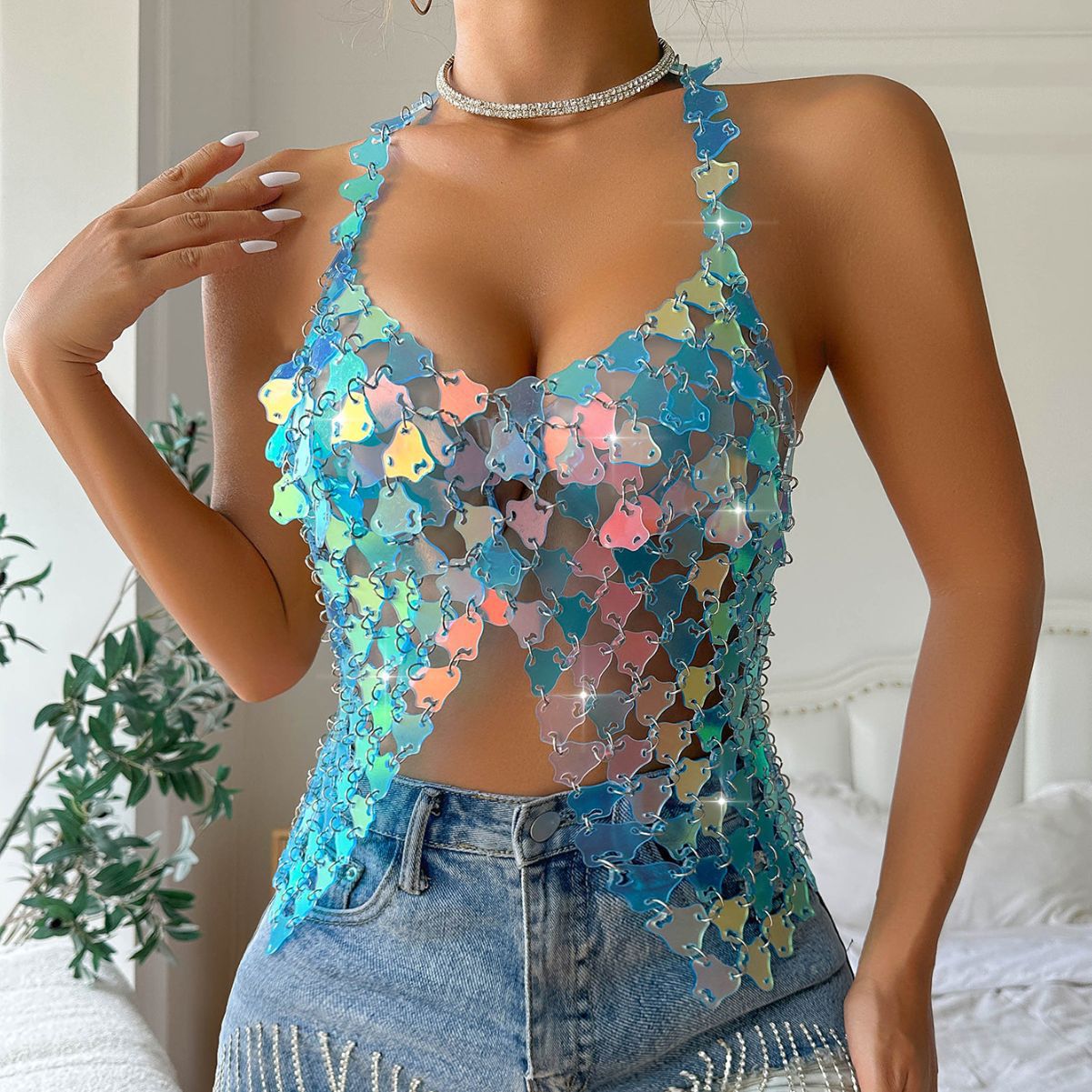Celebration Rainbow Sequin Halter Top
