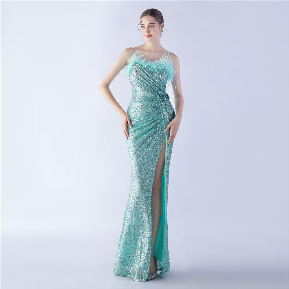 Spaghetti Strap Feather Trim Sequin High Slit Mermaid Gown 6