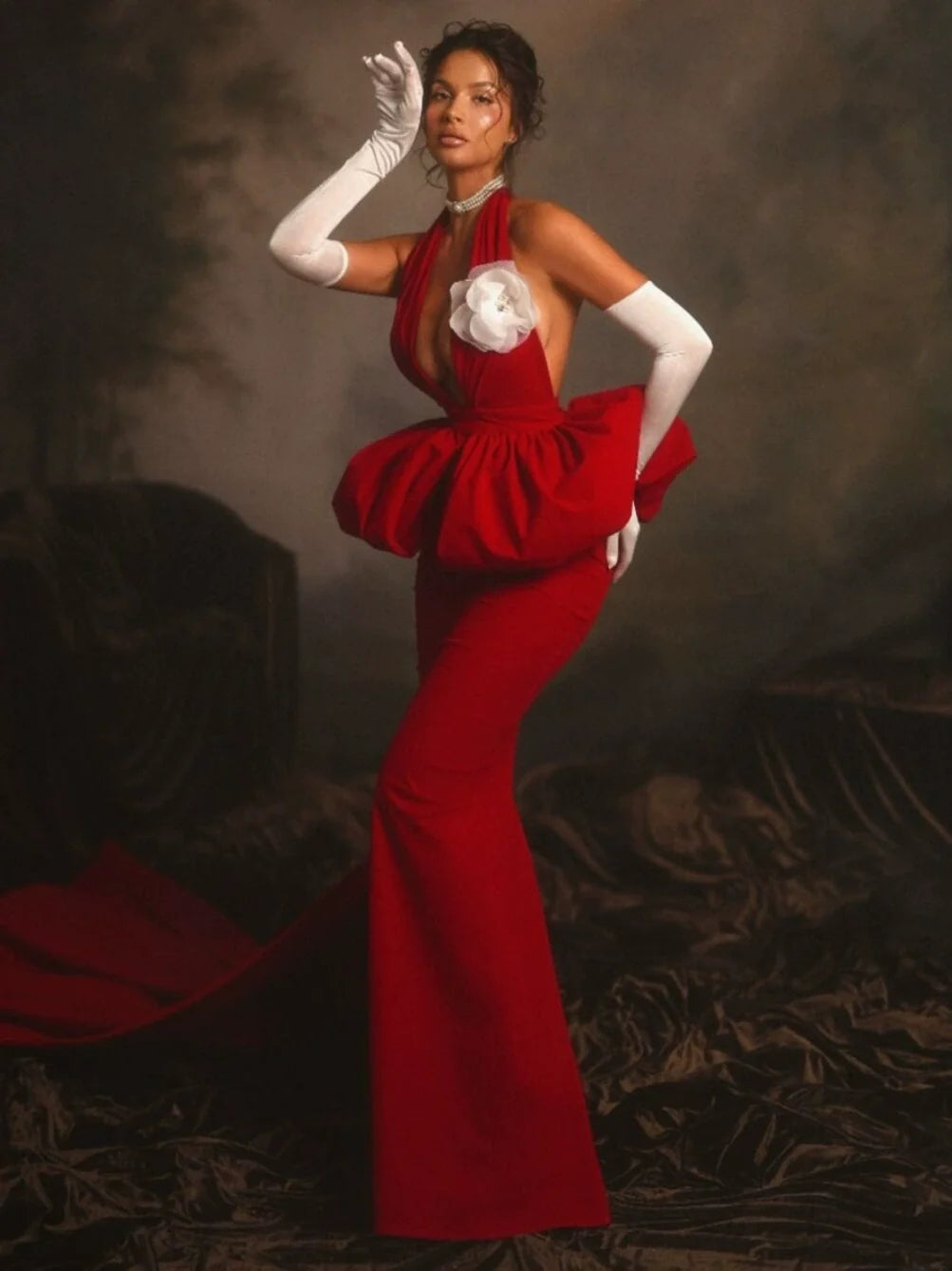 Red Halter Plunge Neck Floral Applique Peplum Mermaid Maxi Gown