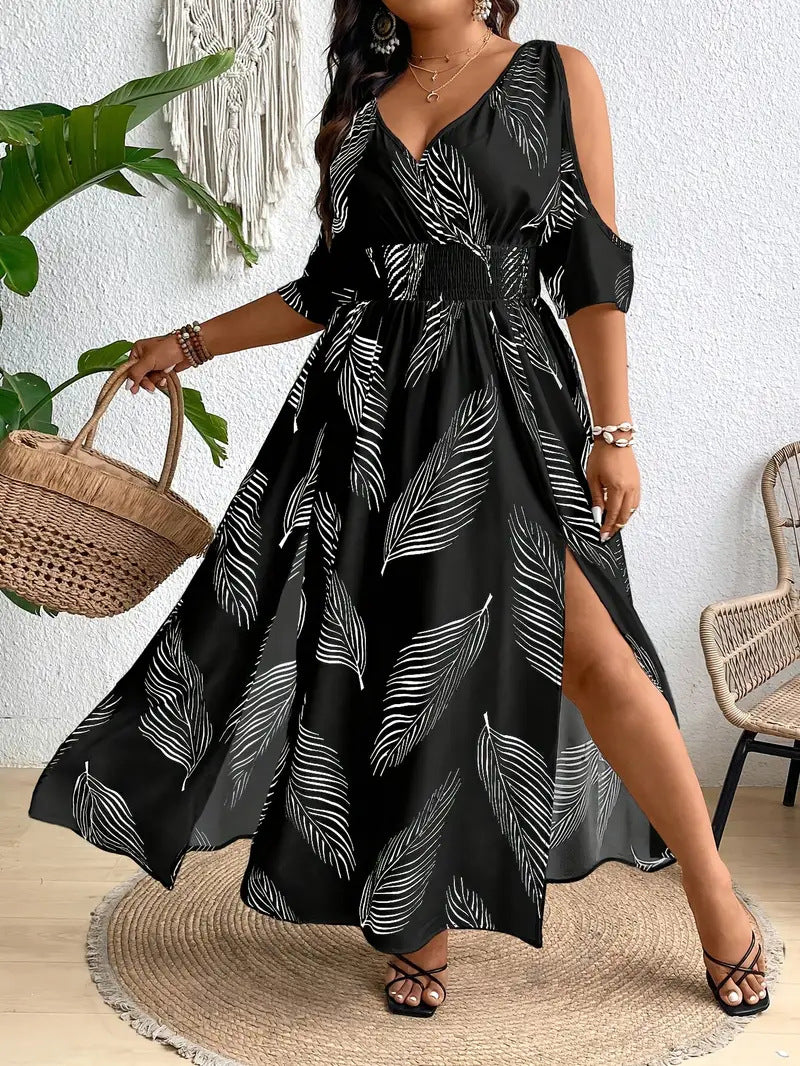 V-Neck Leaf Print Cold Shoulder Smocked Waist High Slit Maxi Dress