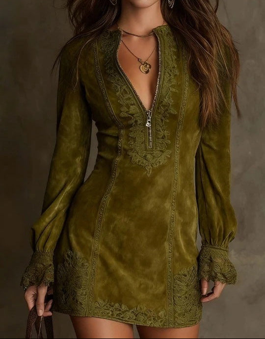 Zip-Front V-Neck Lace Trim Long Sleeve Bodycon Mini Dress