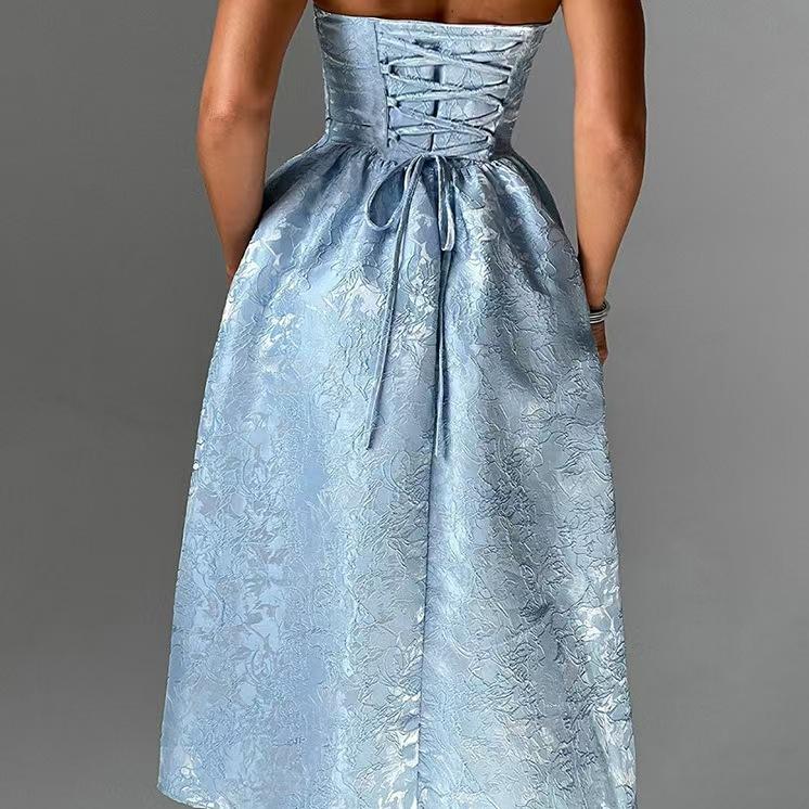Strapless Jacquard Ruched Waist A-Line Midi Dress