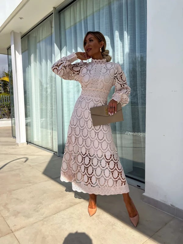 Mock Neck Long Sleeve Crochet Guipure Lace A-Line Midi Dress