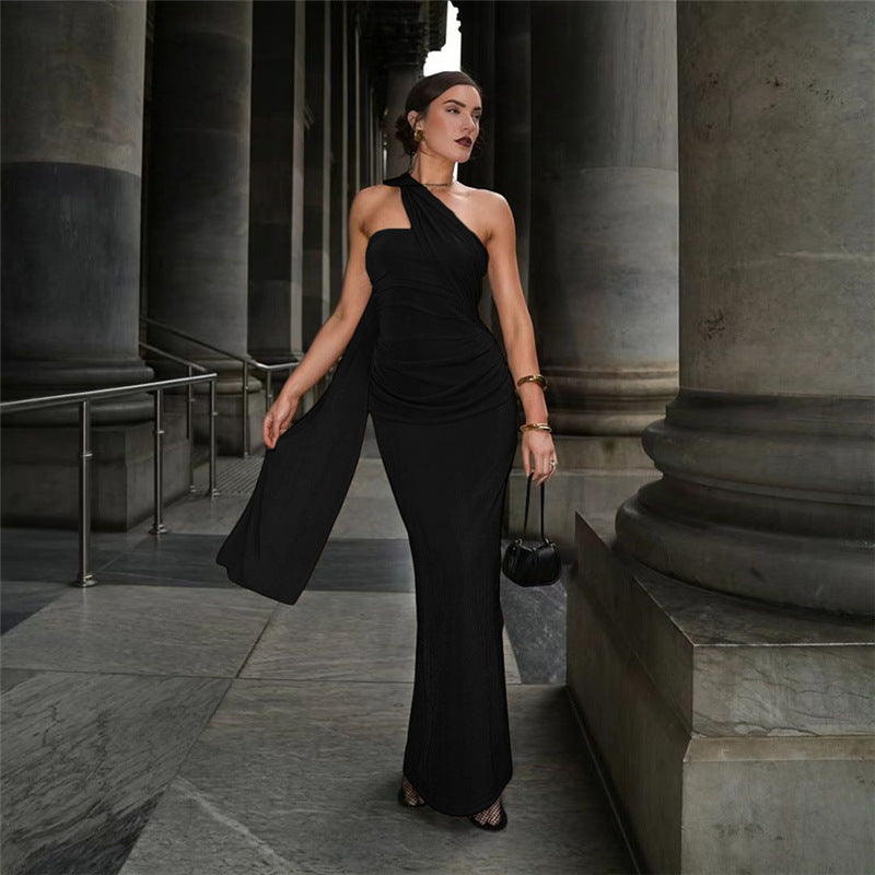 Slim Fit Backless Tube Top Ribbon Halter Pleated Solid Color Maxi Dress Evening Dress