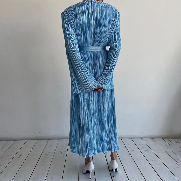 Long Sleeved Belt Pleated Dress Office High Sense Loose Maxi Dress