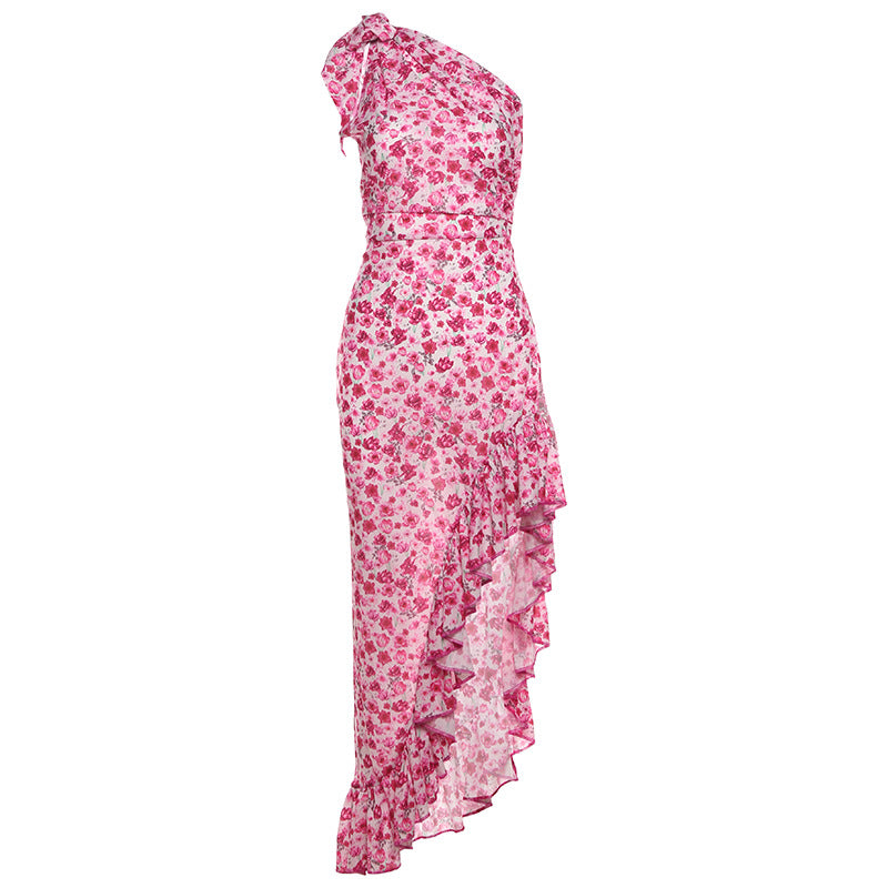 French Small Floral Oblique Shoulder Dress Side Split Tied Dress