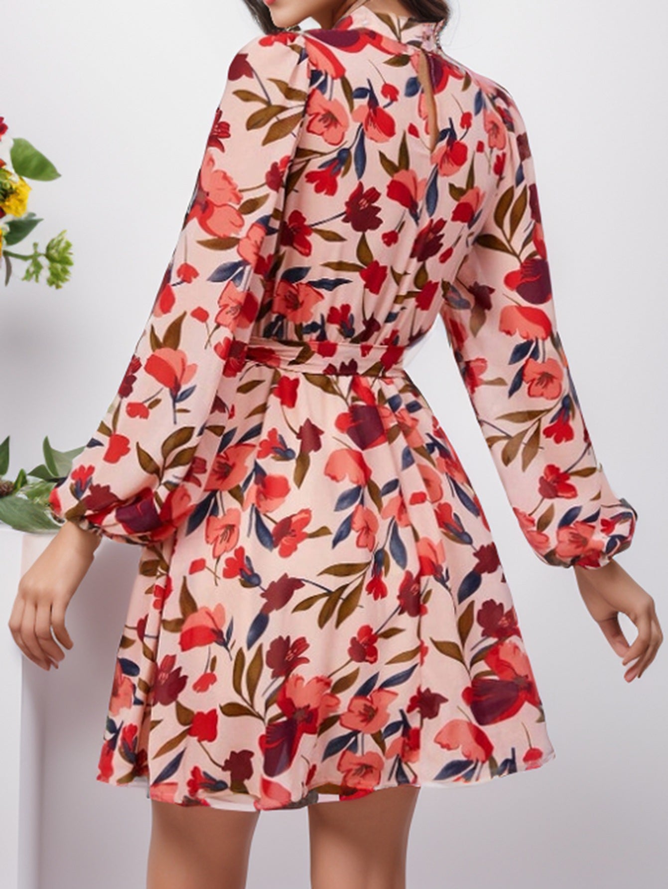 Nerea Timeless Women's Floral Print Dress with Waist Belt and Long Sleeves Evening Wear Edit