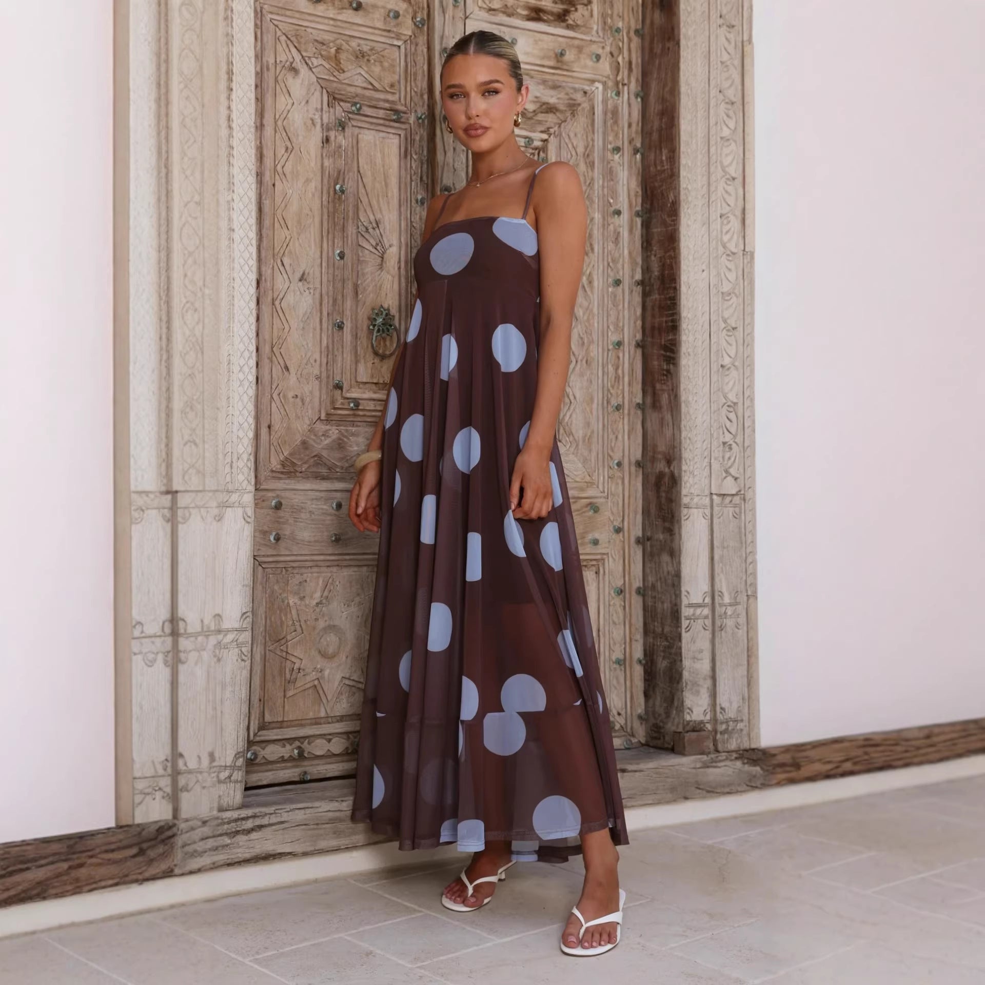 Summer Cami Dress Mesh Polka Dot Print High Waist Big Swing Cami Dress