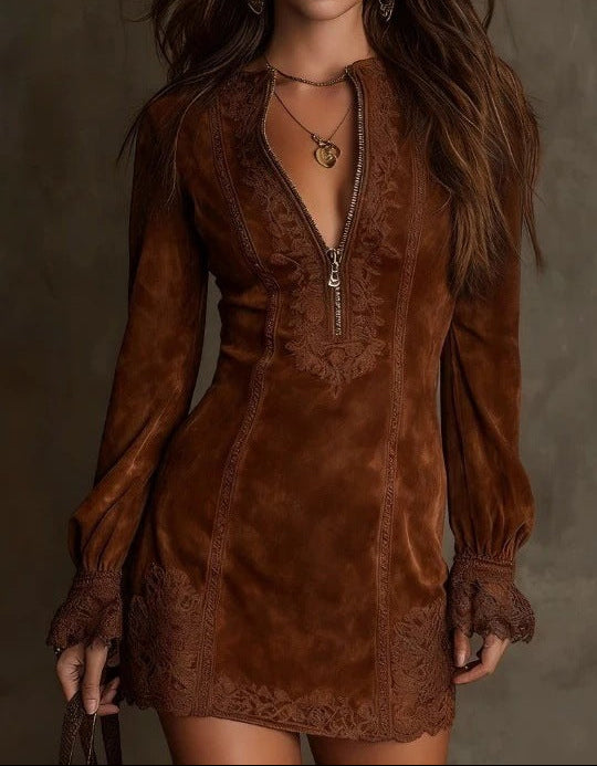 Zip-Front V-Neck Lace Trim Long Sleeve Bodycon Mini Dress
