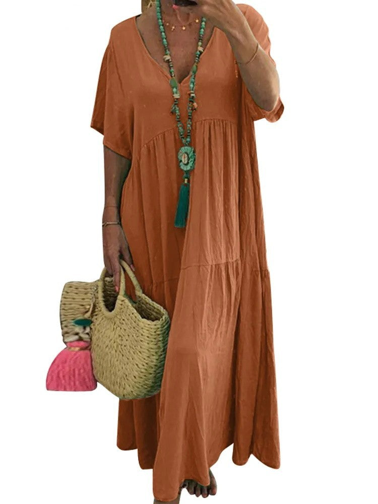 V-Neck Short Sleeve Tiered A-Line Flowy Maxi Dress