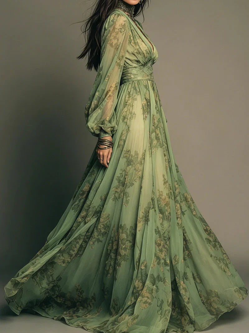Deep V-Neck Lantern Sleeve Floral Chiffon Flowing Maxi Gown 2