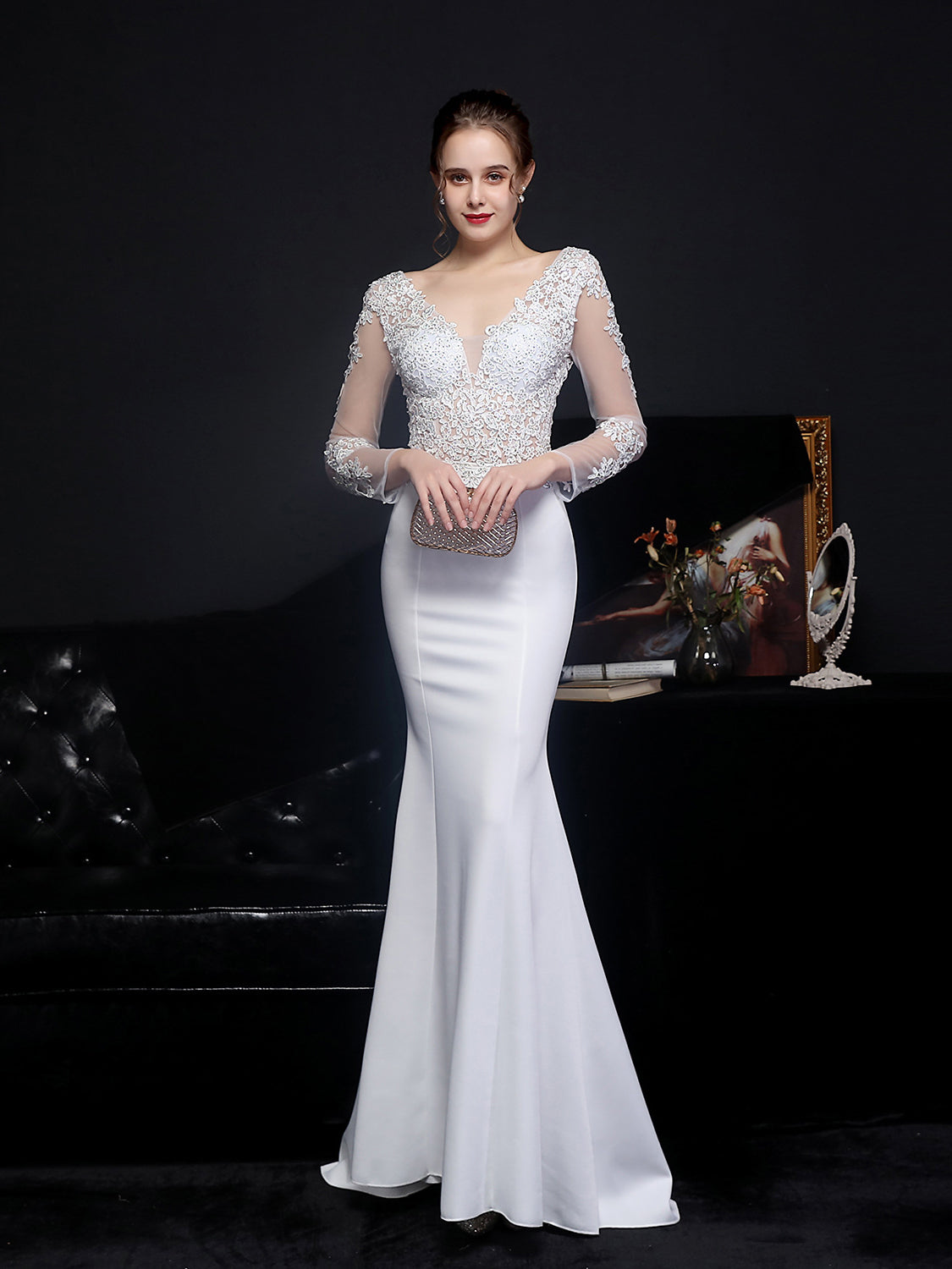 Lace long sleeved evening dress