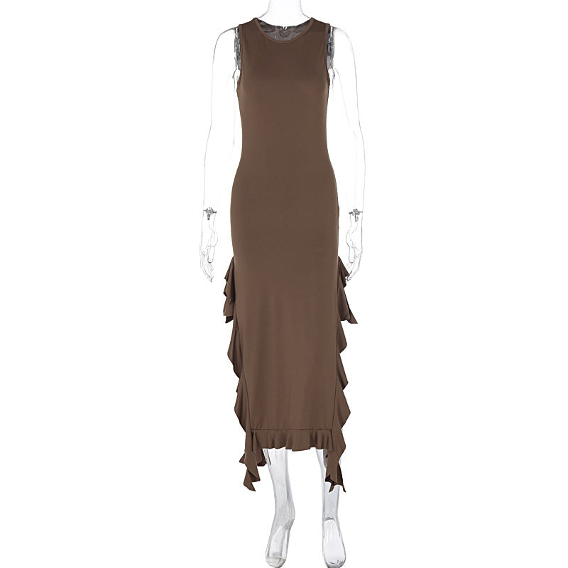 round Neck Flounce Slim Fit Slit Dress Girls